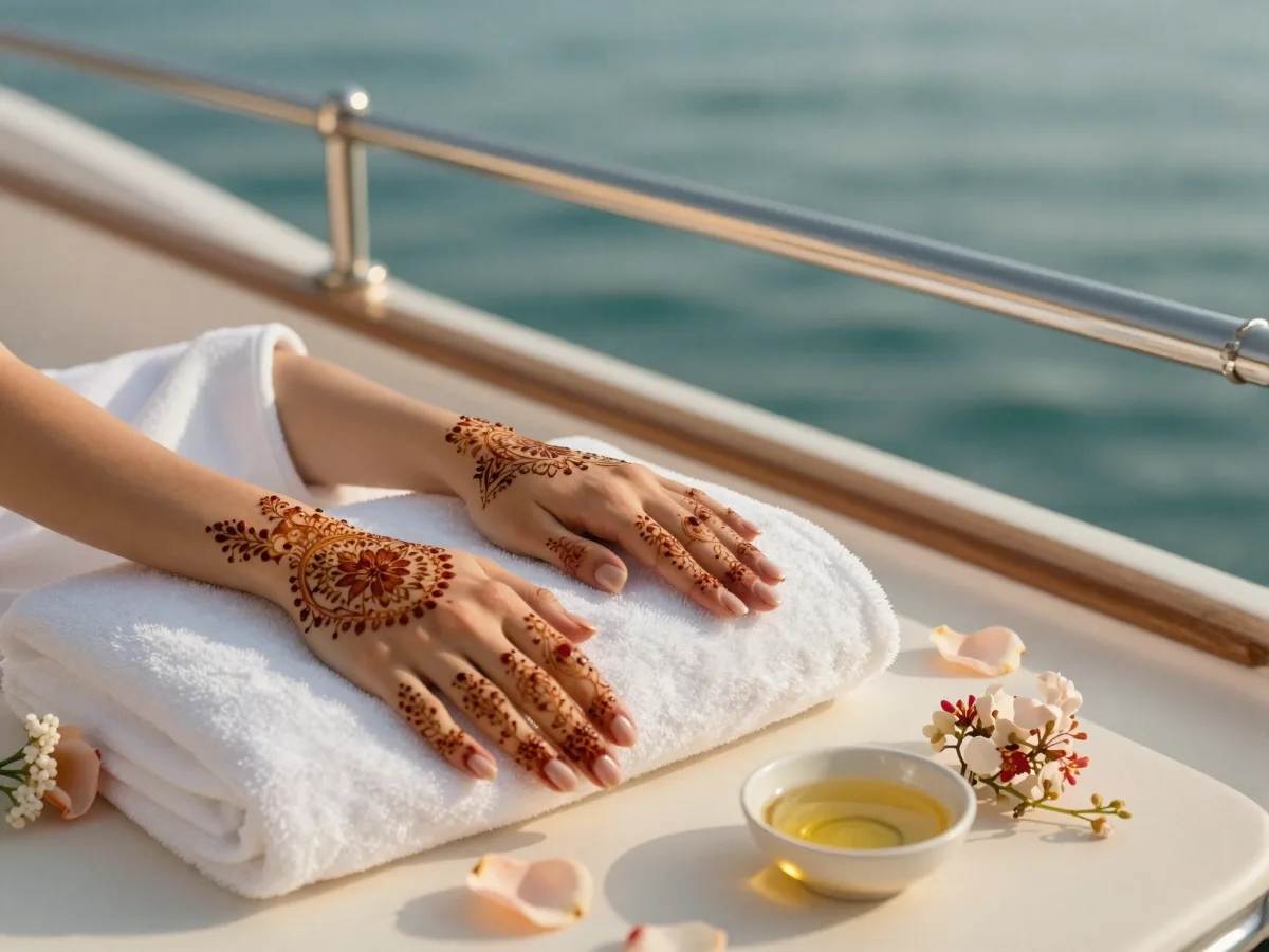 Hands decorated with fresh henna resting on white spa towels with rose petals and aromatic oil aboard a yacht, sea behind