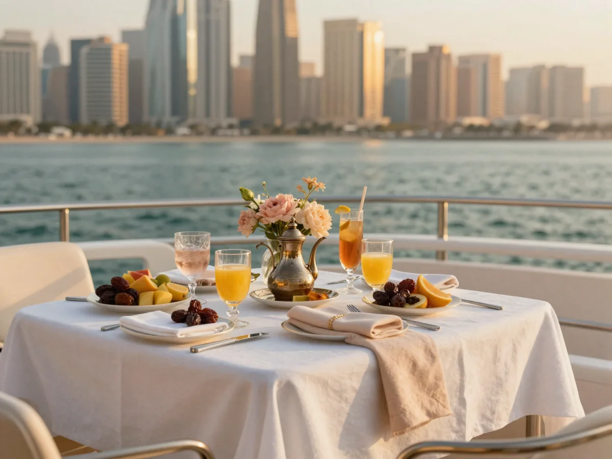 Elegant brunch table dressed in white linen with fresh juice, dates and Arabic coffee on a yacht deck, Dubai skyline glowing gold at sunset